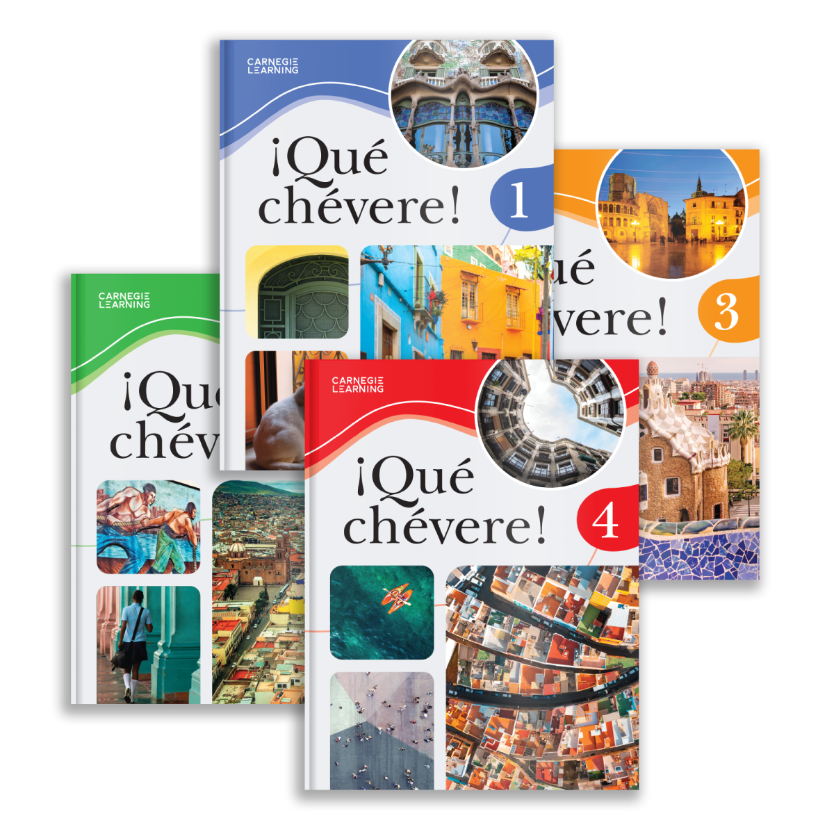 Four ¡Qué chévere! Spanish textbooks, each with vibrant covers showcasing landmarks and cultural scenes, capture the essence of architecture, landscapes, and urban views. Labeled 1, 3, and 4, these books offer a seamless blend of education and inspiration for language learners.