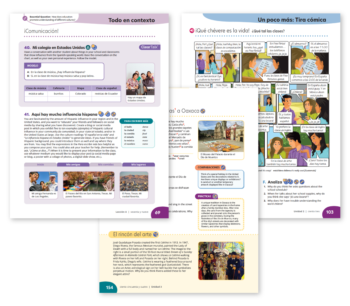 Three colorful pages from the ¡Qué chévere! Spanish textbook feature engaging exercises, including conversation prompts, comic strips, and cultural insights on Hispanic influence and art in Oaxaca. Text boxes with questions are strategically placed throughout the pages.