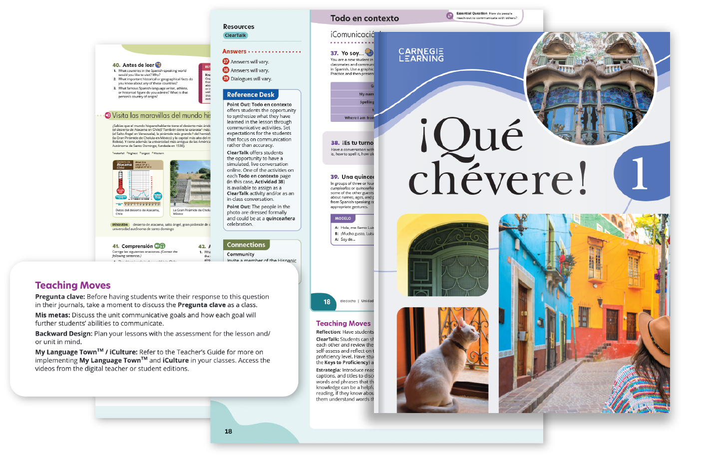 A textbook titled ¡Qué chévere! 1, inspired by the vibrant designs of a Spanish textbook, features colorful architectural imagery. Inside, it explores teaching methods, resources, and vocabulary with a focus on engagement.